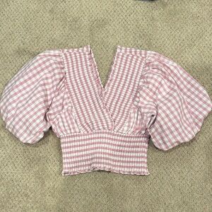 Abercrombie & Fitch Pink Checkered Puff Sleeve Blouse